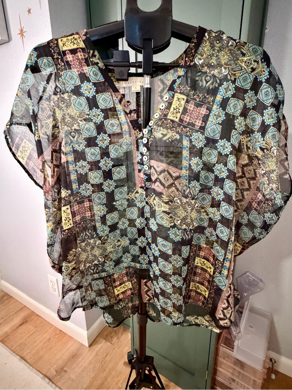 LOVESTITCH Sheer Boho Patchwork Tile Print Blouse Top Large